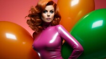 Young Female Wearing A Pink Latex Bodysuit With A Bunch Of Balloons In The Background, AI-generated.