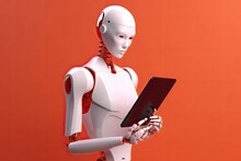 A Futuristic Robot Holds A Tablet And Reads Information On A Screen In An Orange Office.