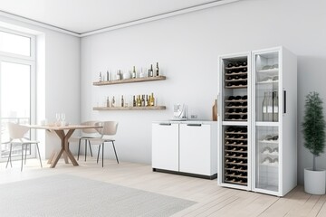 Contemporary wine cooler room in a luxurious house, featuring wooden furniture, clean lines, and a stylish wine storage shelf.