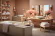 © Silga - Peach fuzz colour bathroom with candles, bathtub, towels and pink decoration and flowers. Advertising for the pink spa area. Aromatherapy salon.