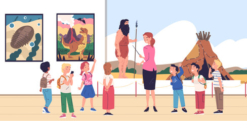 Children in museum. Child school group at antique exhibition excursion or art gallery exposition, kids ancient history science trip with teacher guide, classy vector illustration