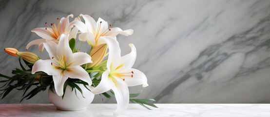 Wall Mural - Beautiful white flowers, lilies , over marble background. Bouquet of flowers at cemetery , funeral concept.