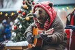 Ein Bär spielt Gitarre in der Fußgängerzone vor einem Weihnachtsbaum. Ideal als musikalische Karte und Grüße zum Advent oder Weihnachten. 