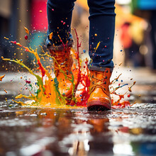 Zoom In On A Pair Of Brightly Colored Rain Boots Splashing Through Puddles, Capturing The Playful Joy Of Someone Embracing The Monsoon Season. Background A Boot Stepping On Liquid Paint And Splashing
