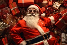 Glamour Fashion Photo Of Santa Claus Lying On His Presents. Proud Santa Claus In Portrait With Wrapped Gifts For Delivery. 