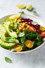 Poster - Colorful vegetable bowl with bulgur and chickpeas. Close-up. Healthy lifestyle diet