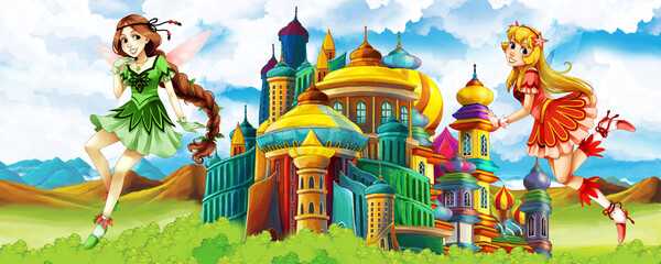 Wall Mural - Cartoon nature scene with beautiful castle near the forest - illustration for the children