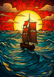A boat sailing through the waves at sunset art. Generative AI illustration	