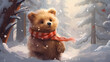A cute brown grizzly bear cub with a Christmas red scarf against the backdrop of a fabulous snowy forest with copy space. Cartoon illustration 3d. Christmas card.