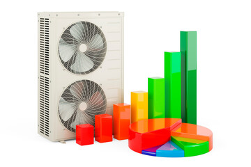 Canvas Print - Outdoor Compressor Multi-Zone Unit, Air Conditioner with growth bar graph and pie chart, 3D rendering