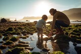 Fototapeta Miasta - Sunny Morning Tide Pool Adventure: Parent and Child Explore by the Ocean