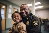 Fototapeta Miasta - Safety and Duty Exemplified: Police Officer Parent and Child in Police Station