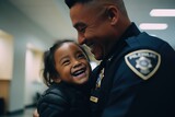 Fototapeta Miasta - Values of Safety and Duty: Police Officer Parent and Child in Police Station