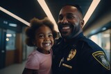 Fototapeta Miasta - Symbols of Safety and Duty: Police Officer Parent and Child in Police Station