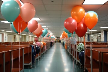 Poster - A long hallway with rows of orange and blue balloons. Generative AI image.