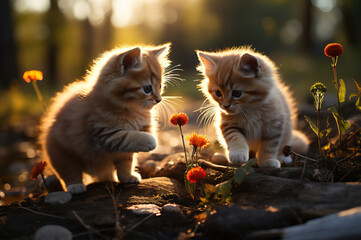 Two red fluffy kittens playing in the autumn forest on a sunny day