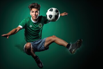 Wall Mural - Male football player in jumping with ball on green background