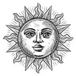 Leinwandbild Motiv Glowing sun with a face. Hand drawn illustration in boho style for mystical design, tarot cards, tattoo and sticker
