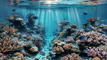 Tranquil Underwater Background With School Of Blue Tang Fish And Marine Plants On Tropical Coral Reef In Clean Turquoise Water On Ocean Floor. Beautiful Undersea Scene 3D Animation Rendered In 4K