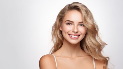 Wall Mural - Smiling blonde woman portrait with fresh makeup and long hair in studio