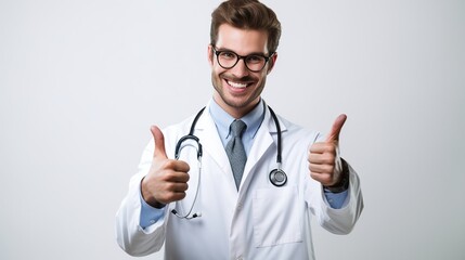 Doctor showing thumbs up sign isolated on white background