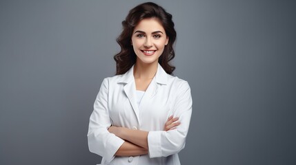 Poster - Female Doctor with stethoscope on gray studio background