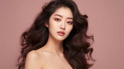 Wall Mural - intriguing gaze: a captivating portrait of a woman with long, dark, flowing hair, her eyes hold a se