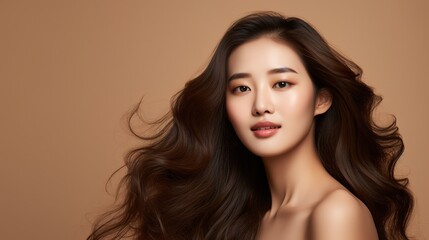 Wall Mural - effortless beauty: a stunning asian woman with long, flowing dark hair and flawless skin gazes direc