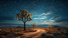 Blue Starry Night Over Desert. Deserted Dry Road