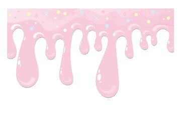 Wall Mural - Pink soft ice cream, splashes of sweet candies, long border, seamless banner pattern, vector white background. 