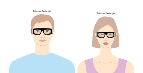 Poster - Extended Rectangle frame glasses on women and men flat character fashion accessory illustration. Sunglass front view silhouette style, rim spectacles eyeglasses, lens style outline isolated on white