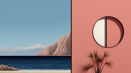 Sticker - A painting of a beach with a mountain in the background. Generative AI image.