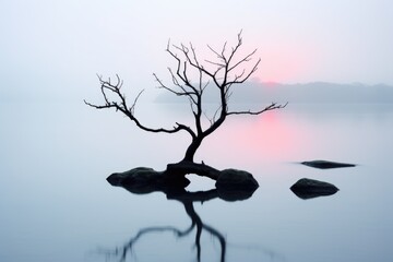 Wall Mural - A lone tree sitting on a rock in the middle of a lake. Generative AI image.