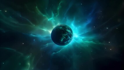 a deep blue supergiant star is surrounded by an emerald nebula its light softly the edges of the spa