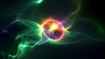Wall Mural - a blazingly bright yellowgreen planetary nebula surrounded by filaments of deep blue and purple gas.