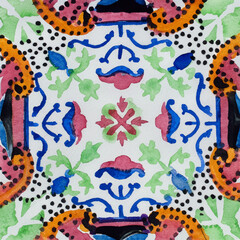 Fototapete - Watercolor illustration of portuguese ceramic tiles pattern