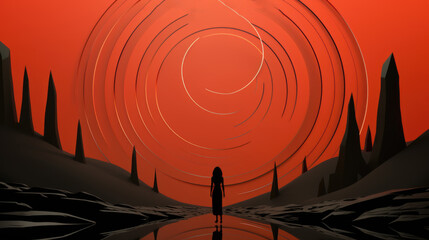 Sticker - A person standing in front of a red sky. Generative AI image.