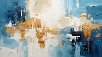 An abstract background of blue and gold with visible paint and pallet knife strokes. Generative AI. 