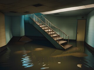 Wall Mural - a vertical shot of a abandoned interior with a staircase in the background