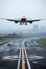 Poster - A large jetliner flying over an airport runway. Generative AI image.