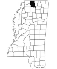  Map of Marshall County in Mississippi state on white background. single County map highlighted by black colour on Mississippi map. United States of America, US
