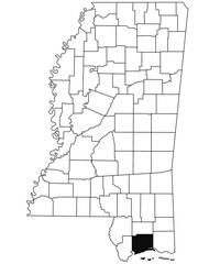  Map of Harrison County in Mississippi state on white background. single County map highlighted by black colour on Mississippi map. United States of America, US