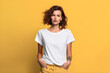 A woman wearing white tshirt mockup, at pink background. Design tshirt mock-up, print presentation mock-up. AI generated.