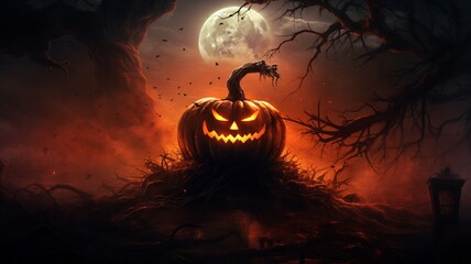 Wall Mural - Halloween background spooky night with evil pumpkin