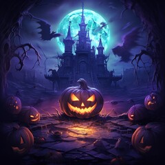 Wall Mural - Halloween background spooky night with evil pumpkin