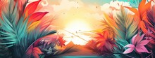Colorful Tropical Nature Background With Hand-drawn Palm Leaves