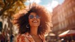 young latina woman with afro hair and sunglasses while walking in a city, in the style of joyful celebration of nature, wimmelbilder