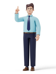 Wall Mural - A 3D cartoon character standing and showing hand at direction,with index finger up gesture, 3d rendering,conceptual image, isolated on white background.