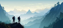 Climb Climbers Adventure Hobby Illustration For Logo - Black Silhouette Of A Climber Woman And Man On A Cliff Rock With Blue Misty Fog Mountains Landscape In The Morning As A Background