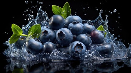 Wall Mural - fresh blueberries splashed with water on black and blurry background